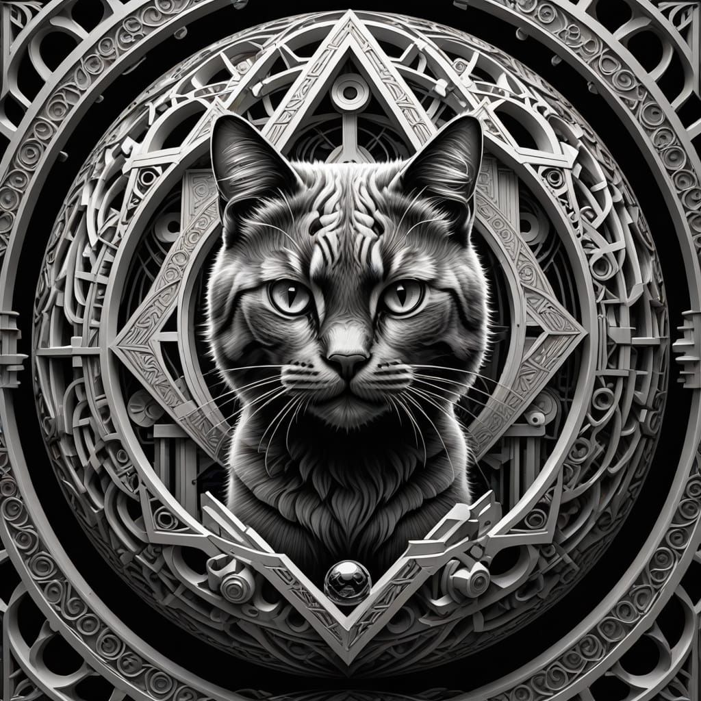 Escher-Inspired Pencil Sketch: Whimsical Cat and Optical Ill...