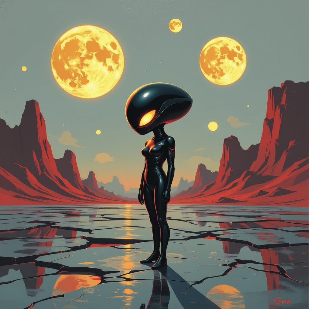Surreal Alien Landscape with Three Moons in Dali Style