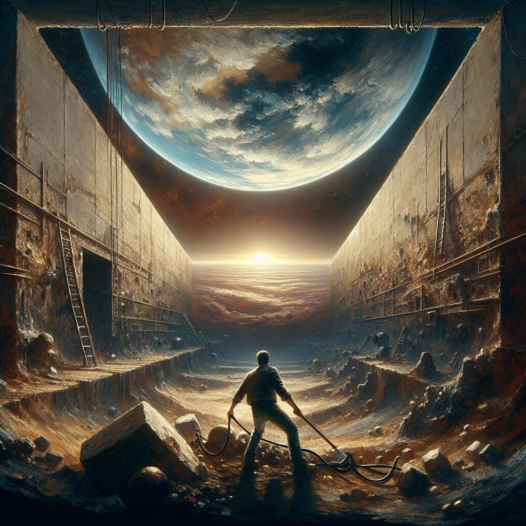 Man Shackled Underground in Impasto Oil Painting