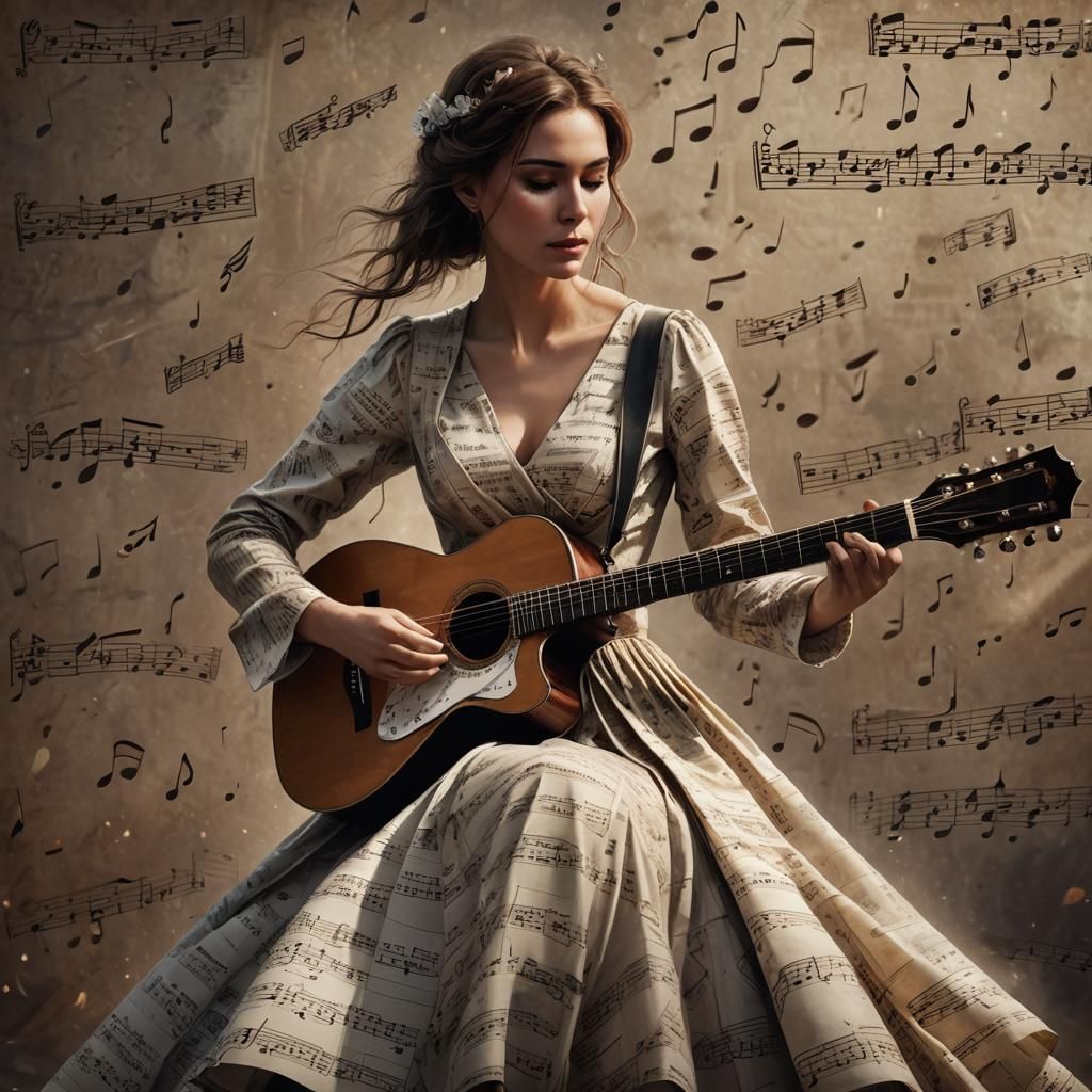 Woman in Musical Dress Playing Guitar