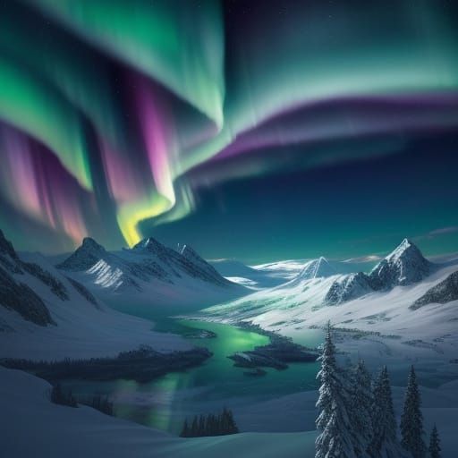 Majestic Aurora Borealis Over Snowy Peaks in Digital Matte S...