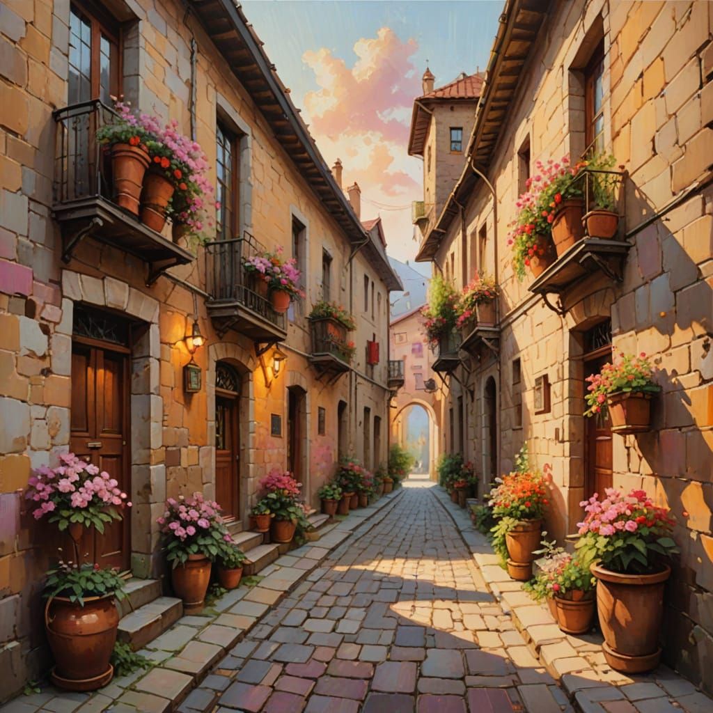 Charming Mediterranean Alleyway in Oil Painting Style