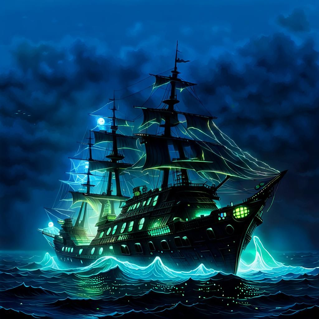 Glowing Ghost Ship on the Ocean