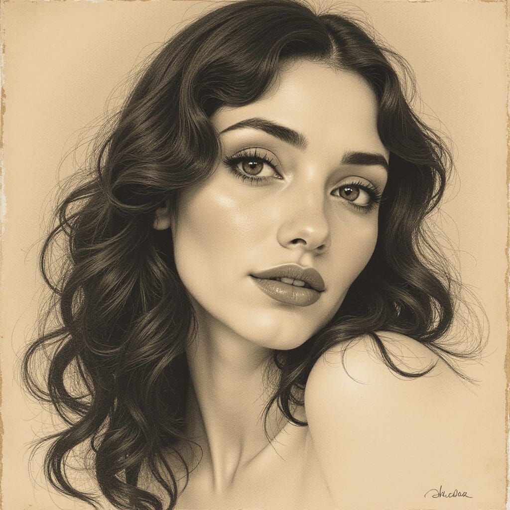 Elegant Woman's Face in Sepia Sketch Style