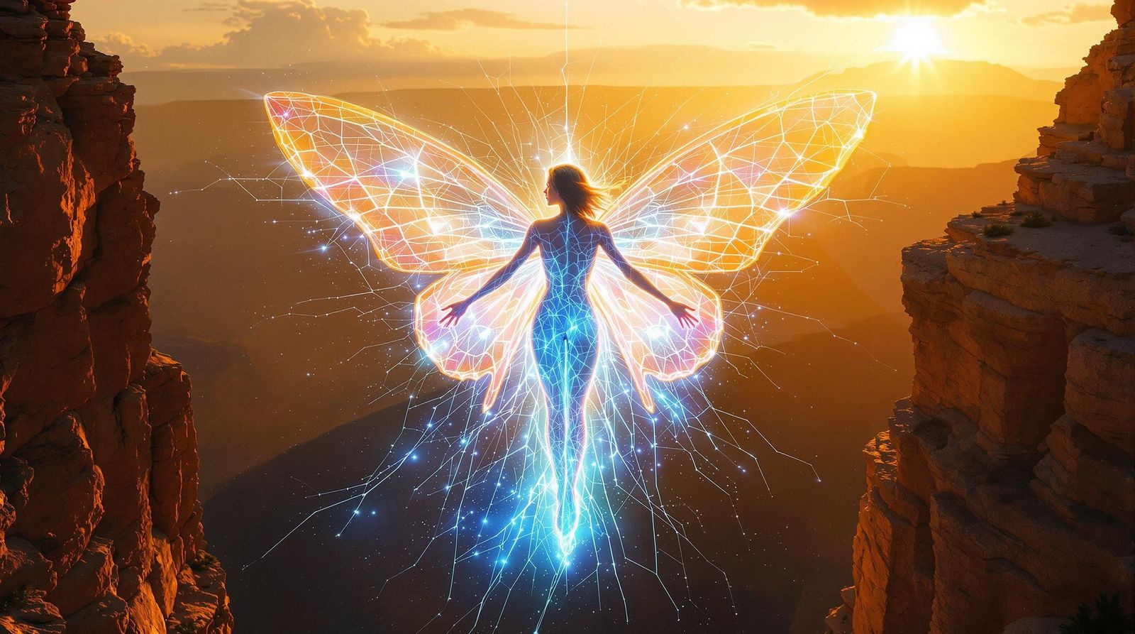 Prismatic Cocoon: Woman's Metamorphosis at Sunset