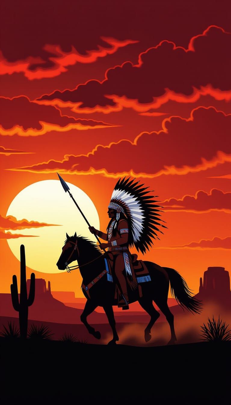 Native American Warrior on Horse at Sunset