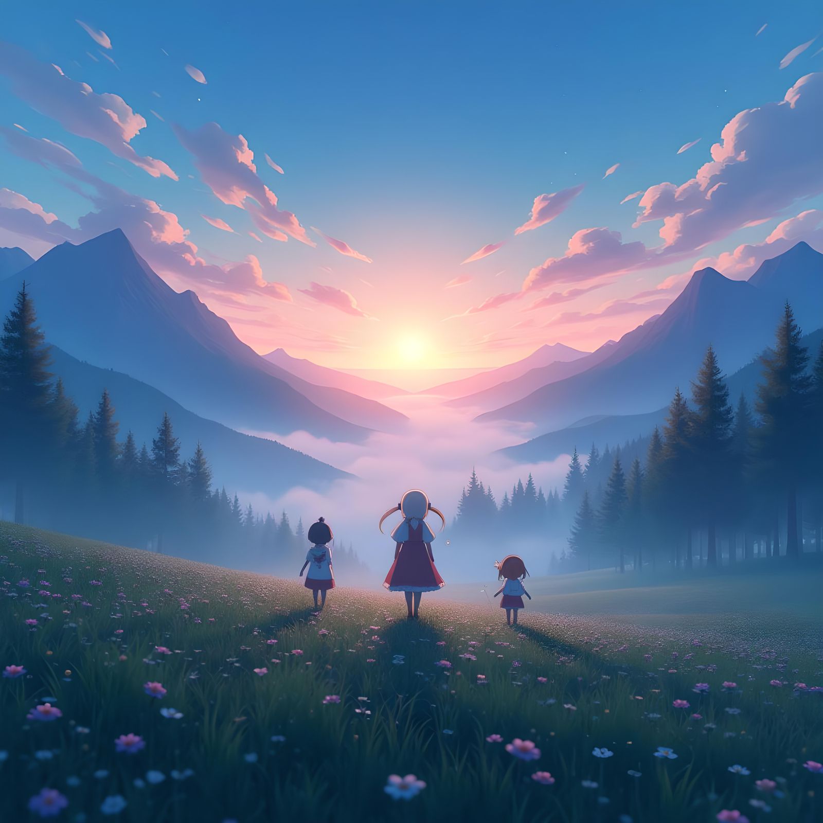 Tranquil Anime Mountain Meadow at Dawn in 4K