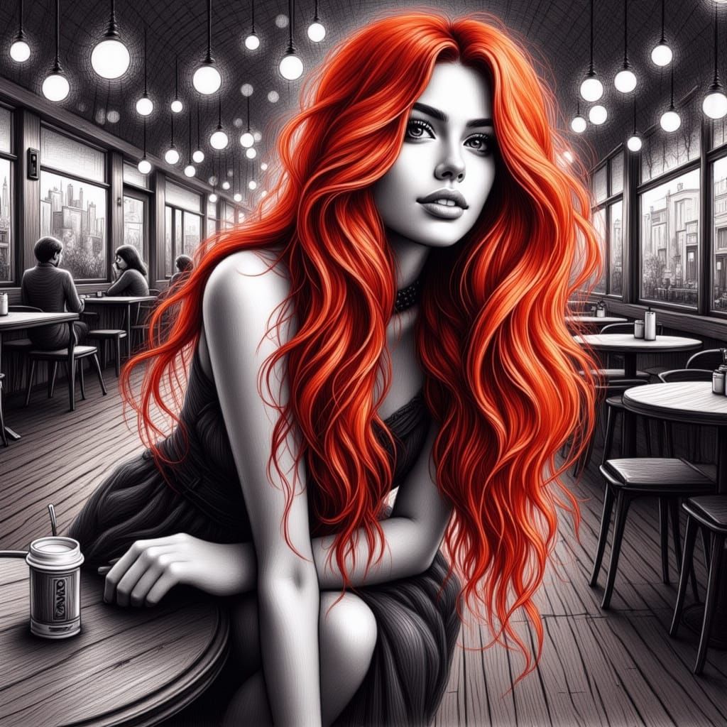 Fashionable Woman in Pencil Sketch at Night Cafe