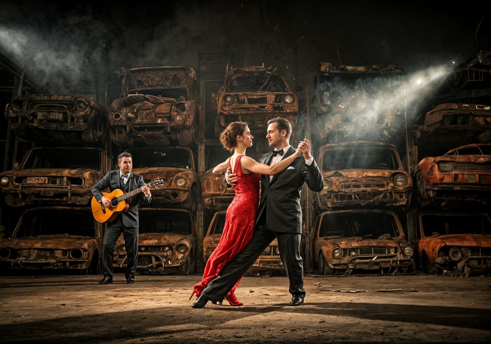Tango Amongst Rusty Classics in a Vibrant Junkyard Setting