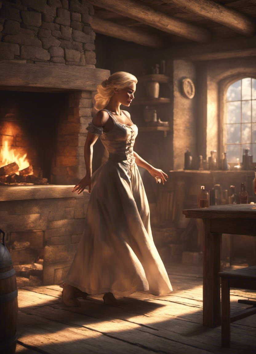 Blonde Woman Dancing in Old English Tavern