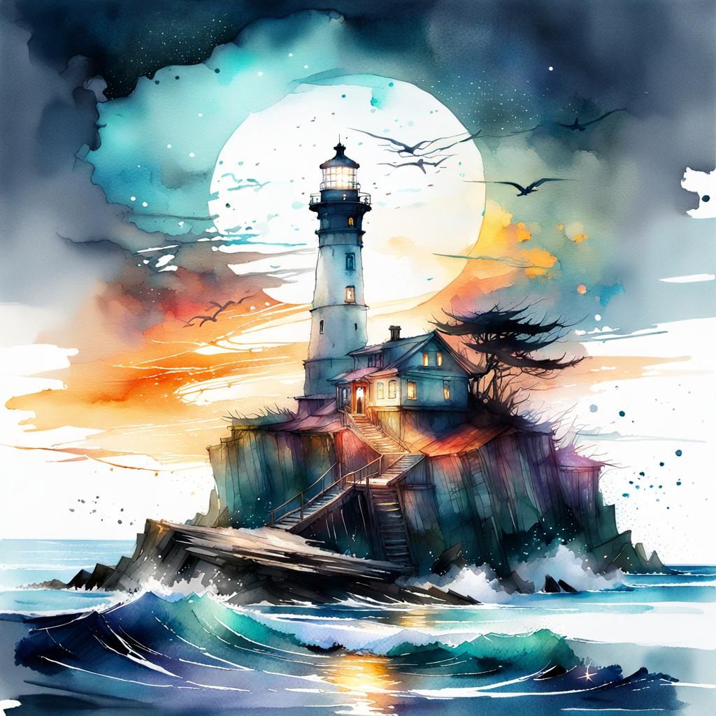 Sci-Fi Lighthouse at Night in Digital Watercolor