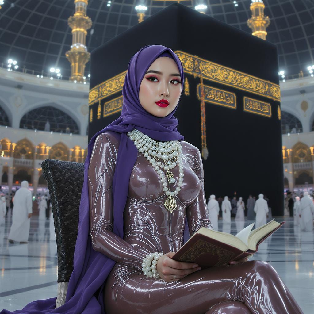 Futuristic Elegance: Woman with Quran at the Ka'ba