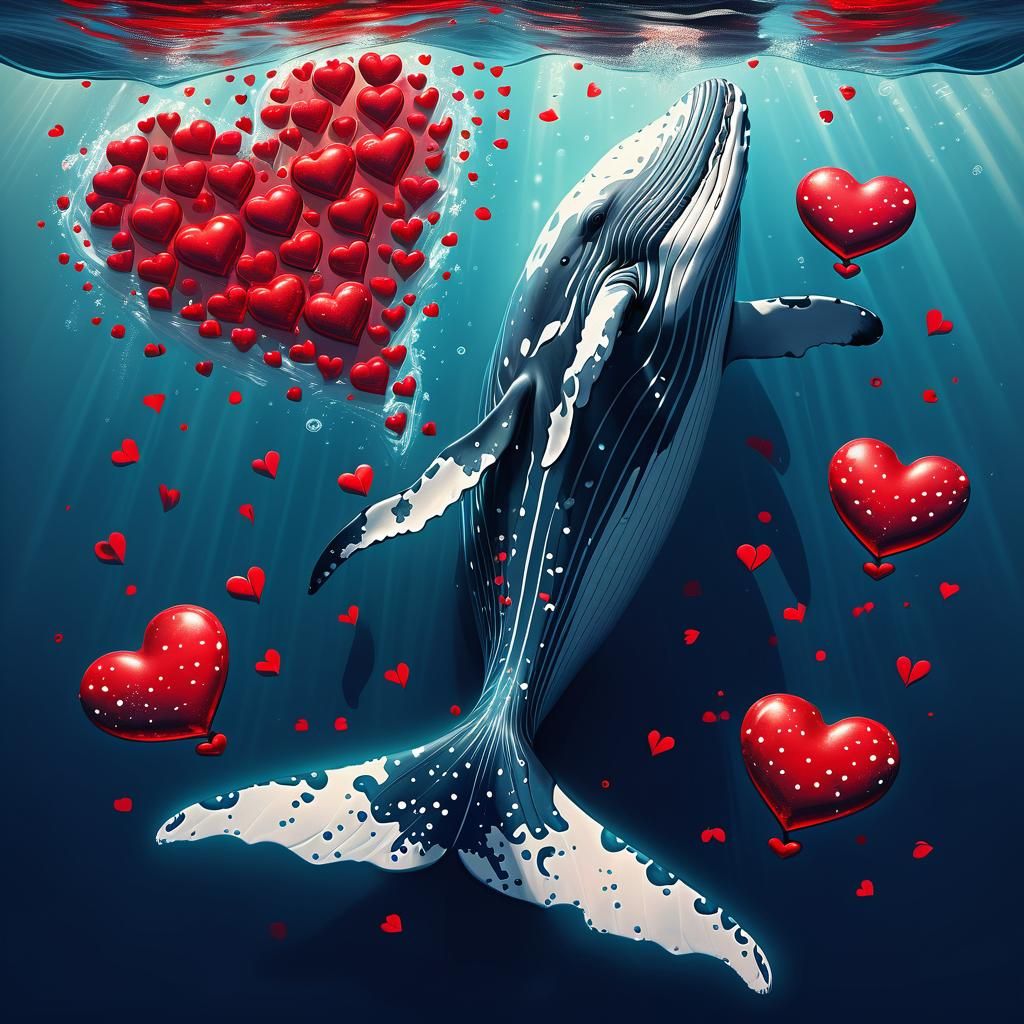 Whale Sleeping in Ocean of Hearts: Fantasy Art
