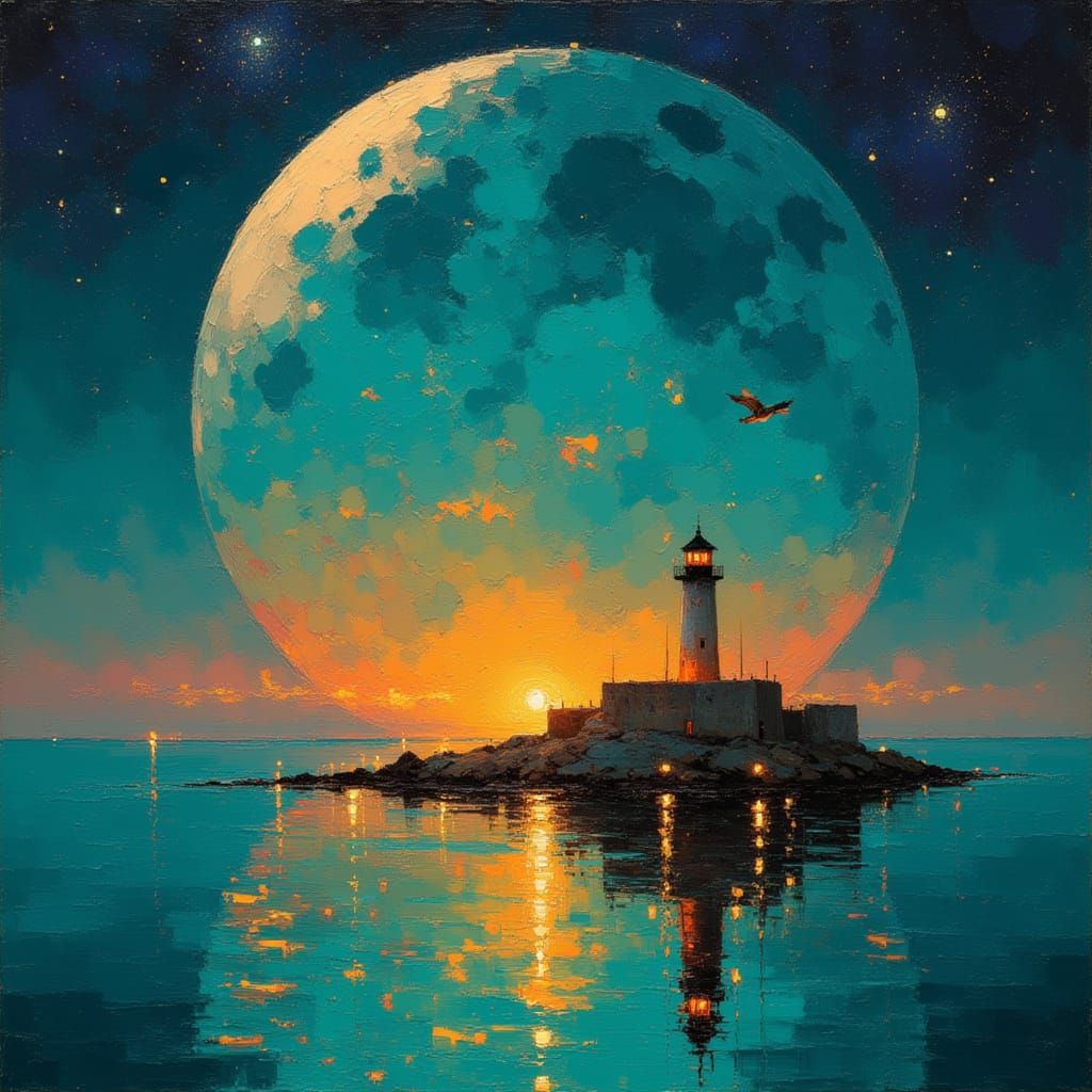 Moon Sea Village Digital Painting with Cosmic Nebulae