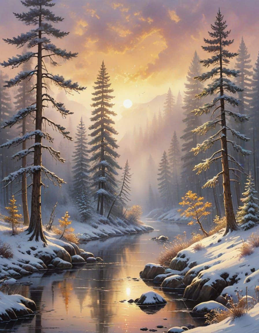 Serene Winter Forest at Sunset in Watercolour