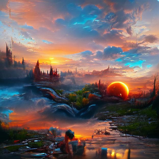 Fantastical Sunrise Sunset in Detailed Matte Painting