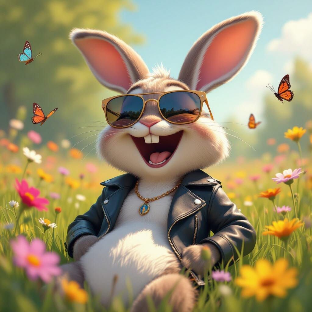 Cartoon Bunny Laughing in Sunny Spring Meadow