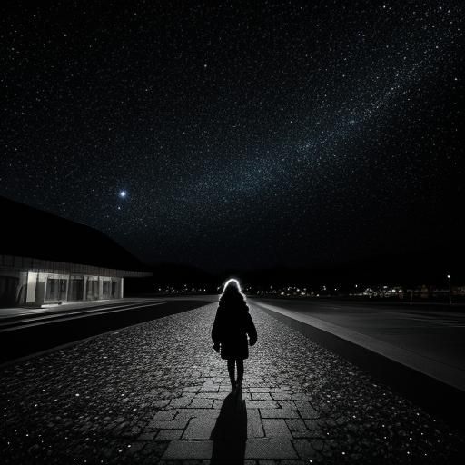 Woman Walks on Starlit Sidewalk in Hyperrealistic Style