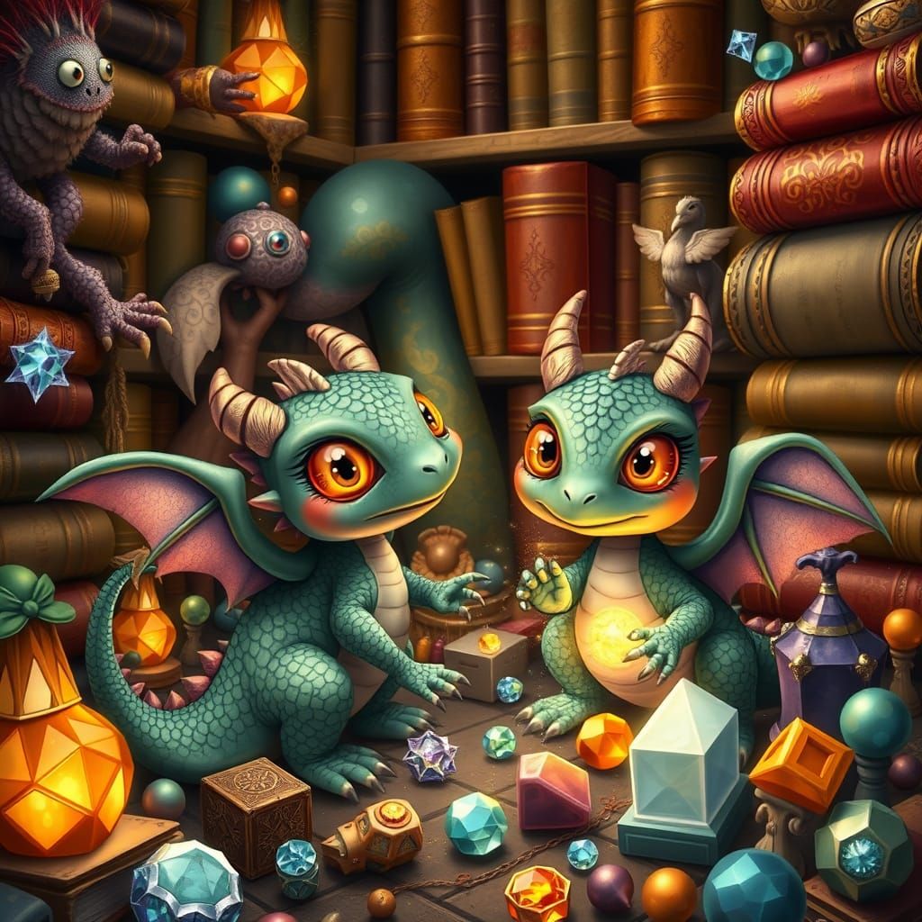 Whimsical Bookshelf Realm in Vibrant Art Nouveau Style