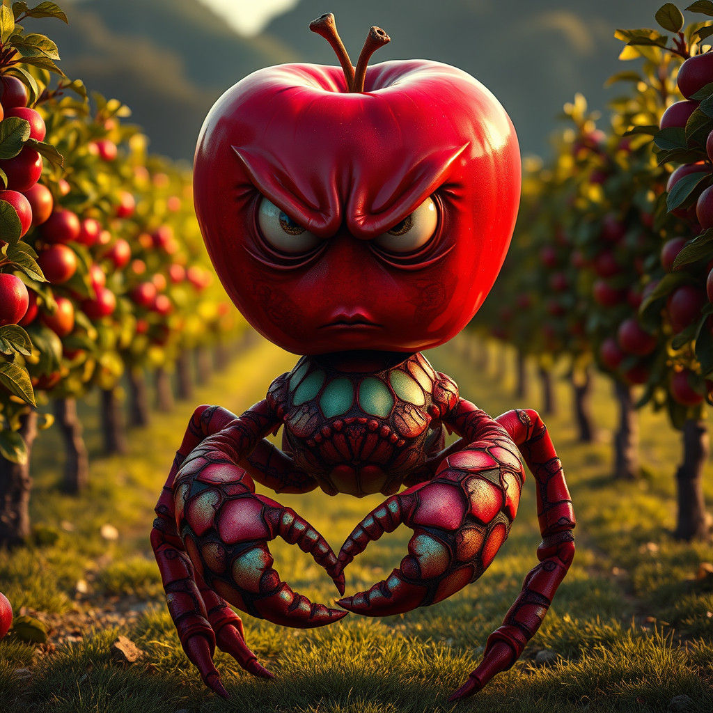 Anthropomorphic Apple Creature in Orchard, Digital Art