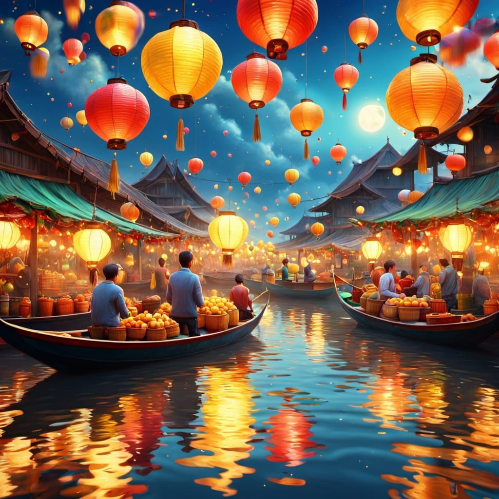 Surreal Floating Market in Zero Gravity Oil Painting