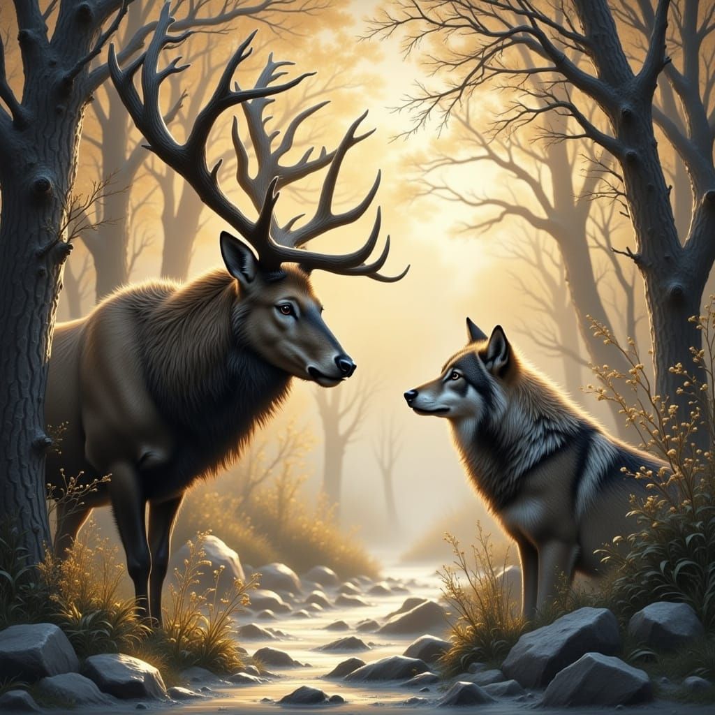 Majestic Deer with Large Antlers Confronts Wolf