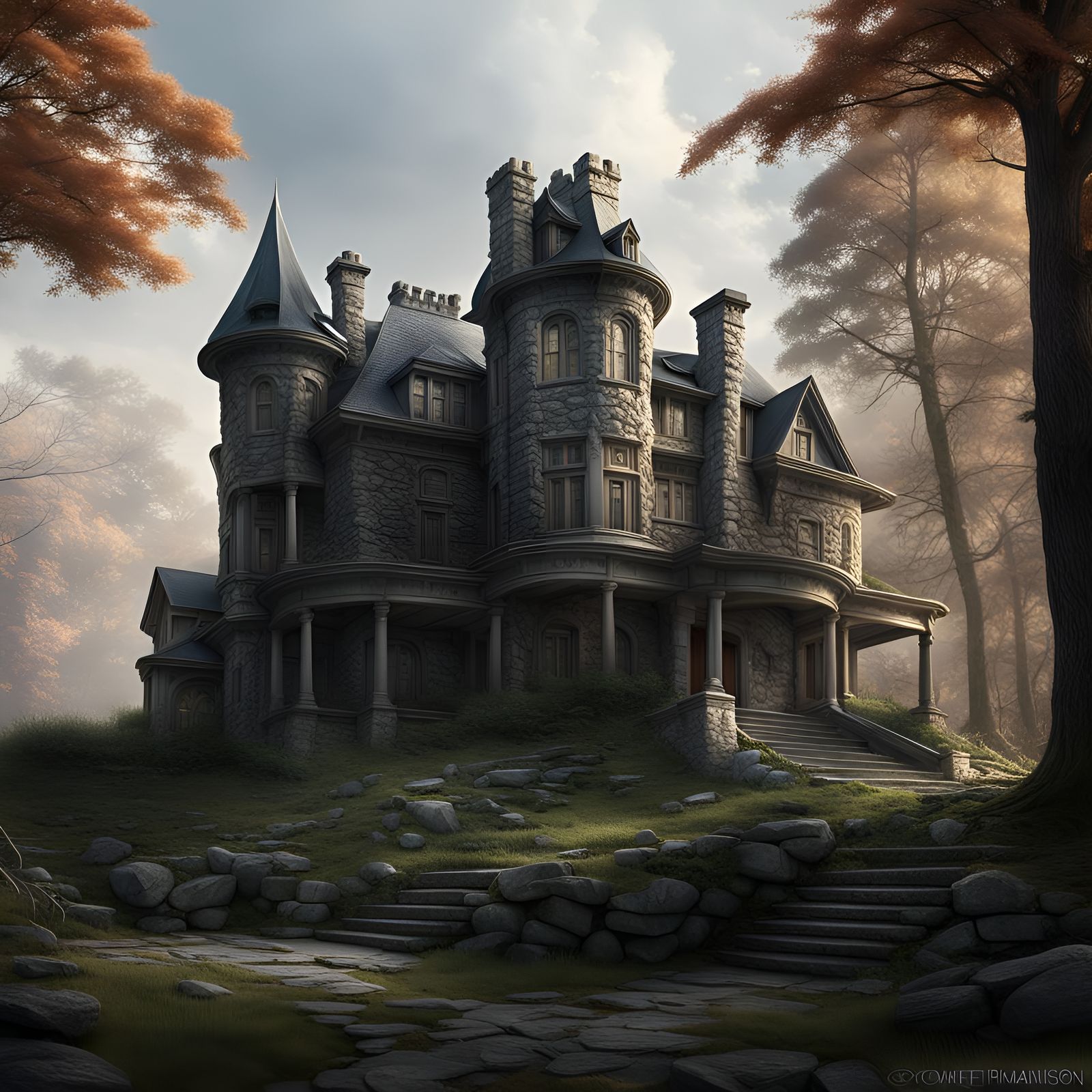 Stone Mansion in Forest: Detailed Matte Painting