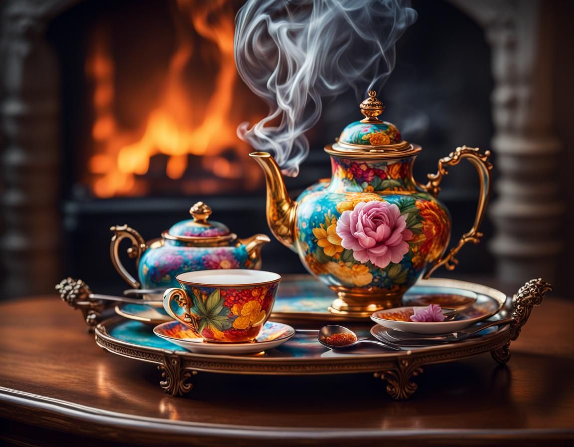 Hyperrealistic Tea Set by Fireplace in Vibrant Colors