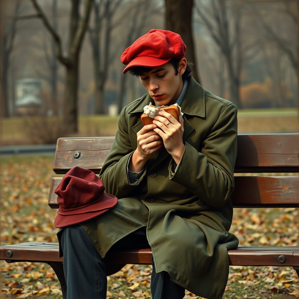 Young Man in Red Cap Sits on Park Bench, Lost in Thought