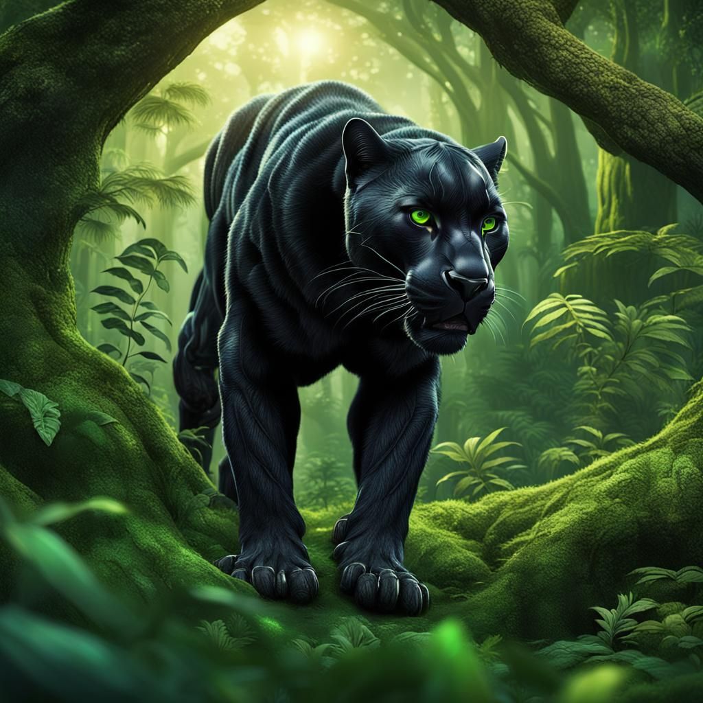 Black Panther in Emerald Forest: Detailed Matte Painting