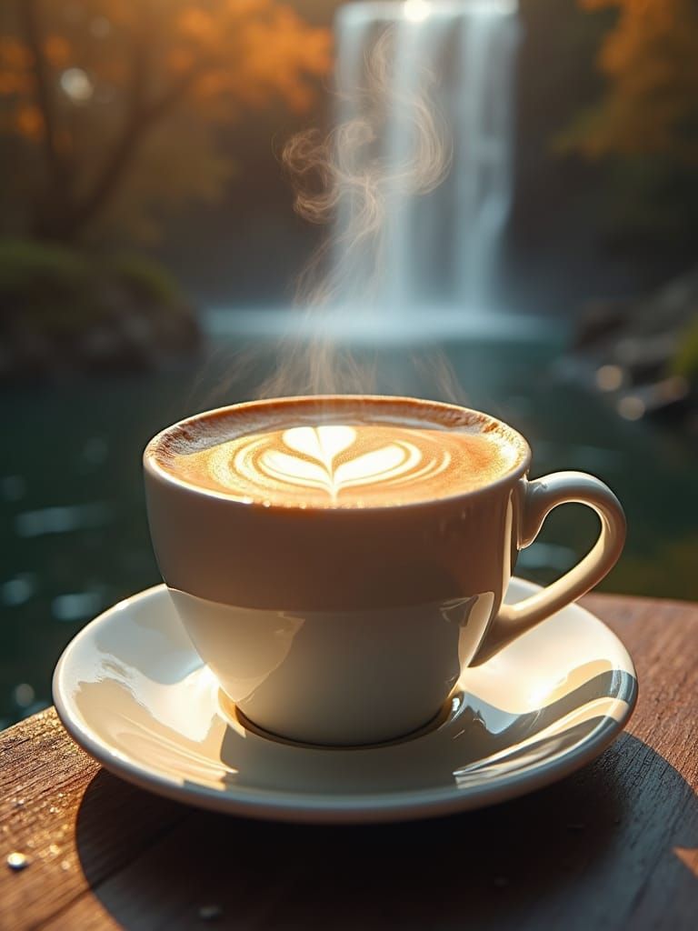 Surreal Coffee Waterfall in Steaming Cup
