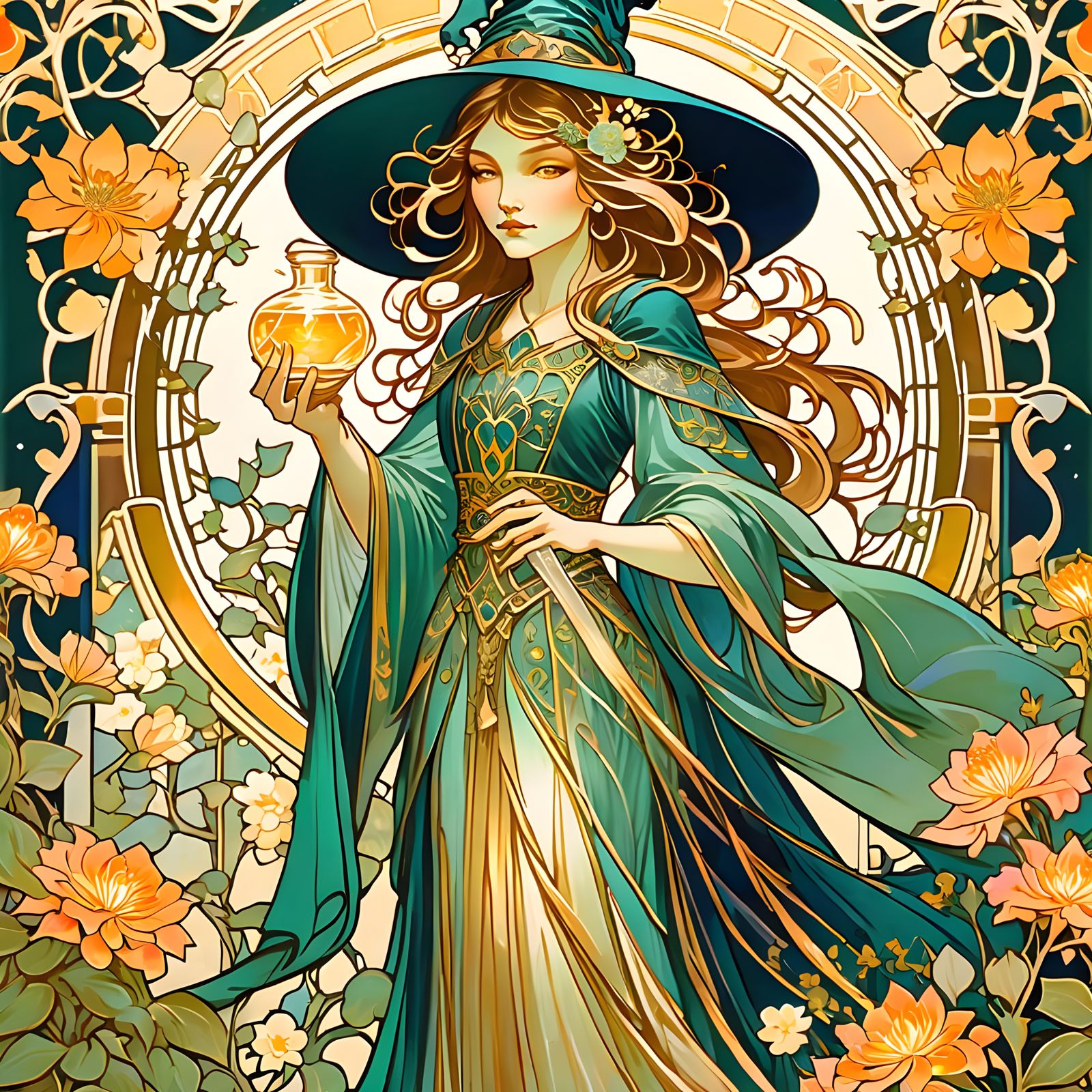Regal Witch in Enchanted Garden, Art Nouveau Style