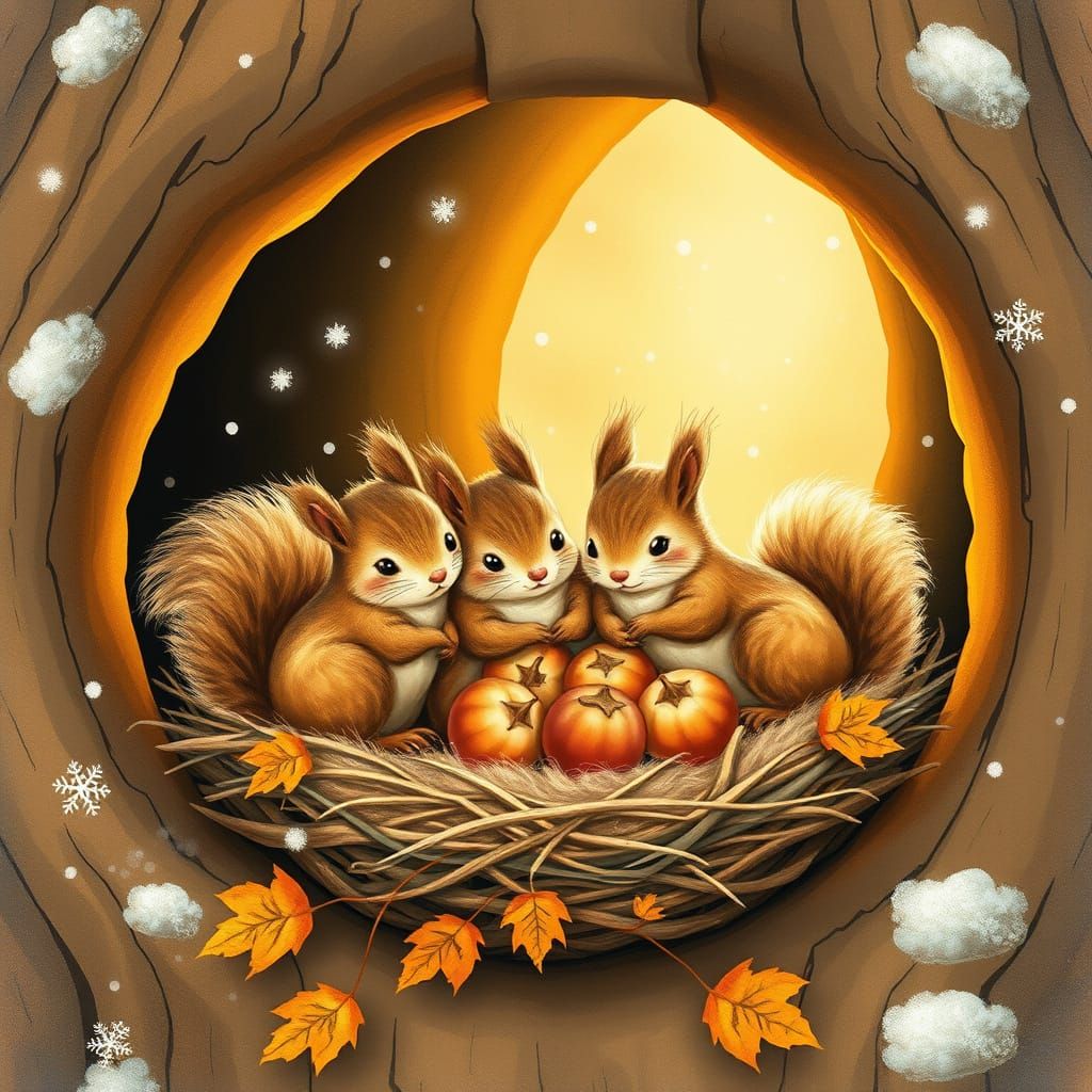 Whimsical Squirrel Family Scene in Classic Children's Book S...