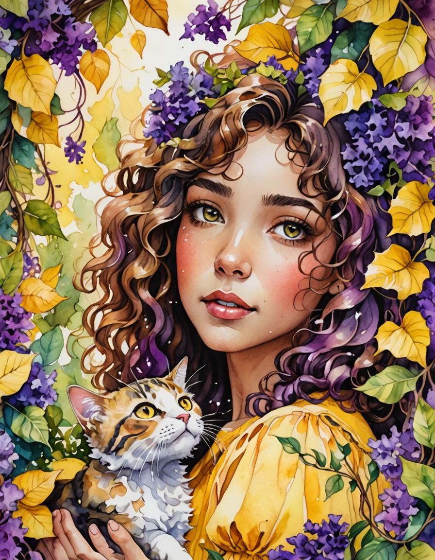 Girl and Cat in Garden, Watercolor Pastel Style