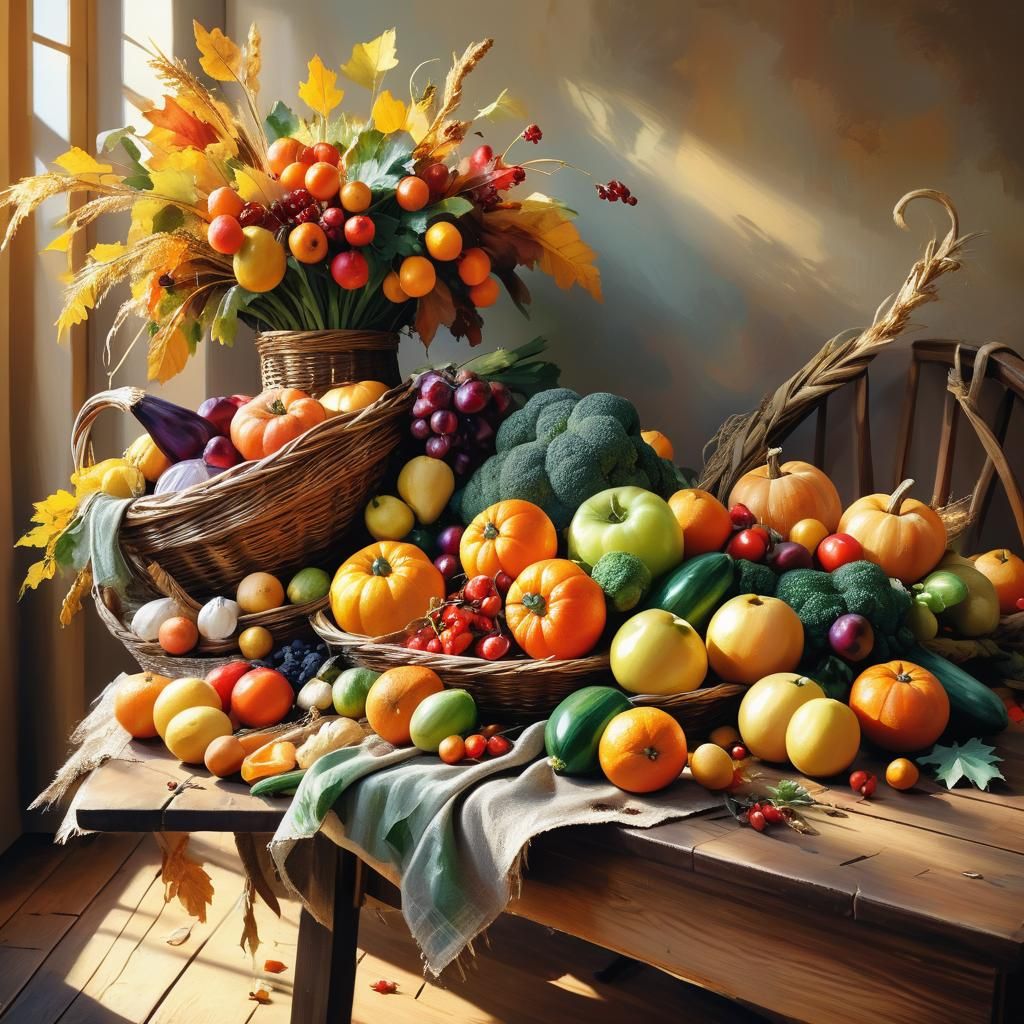 Autumn Cornucopia: A Warm Oil Painting Still Life