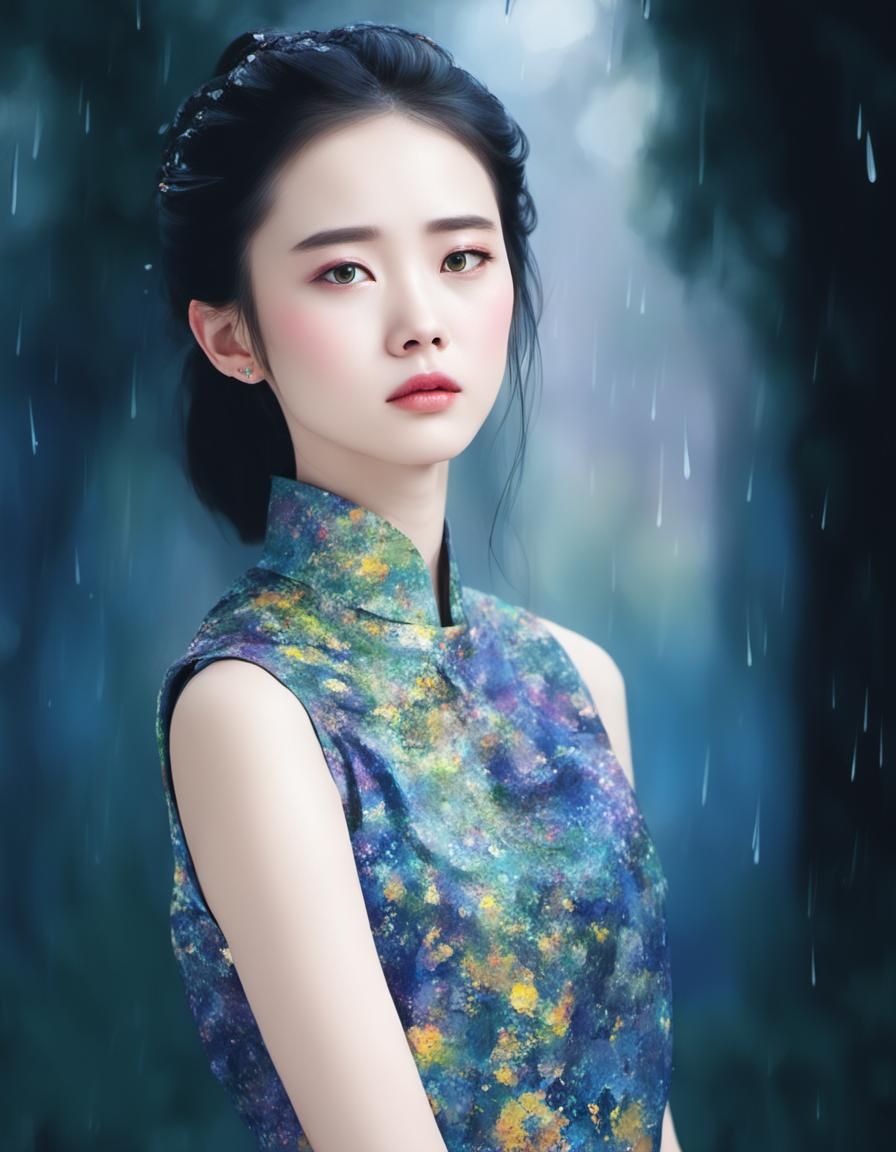 Sad Catwoman in Rainy Forest: Impressionist Oil Painting