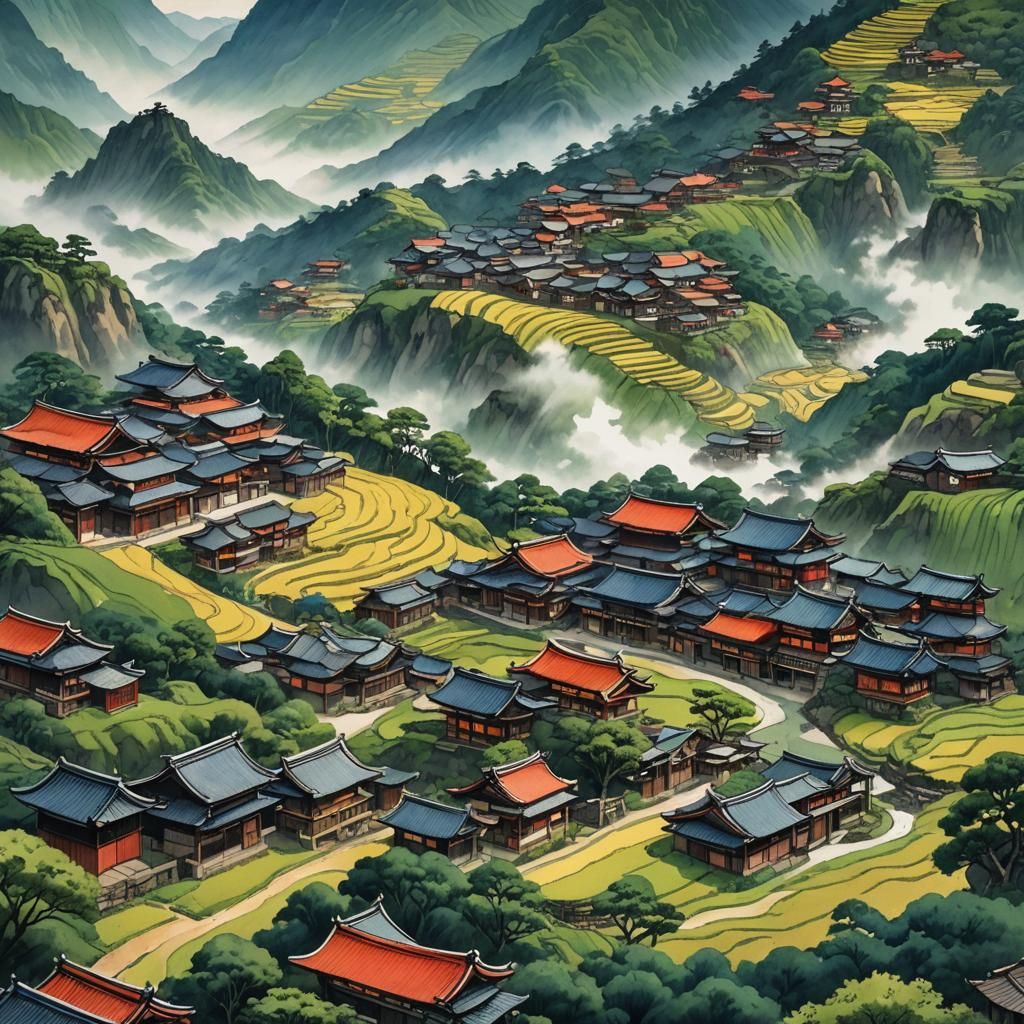 Japanese Village in Rice Paddies as Ink Painting