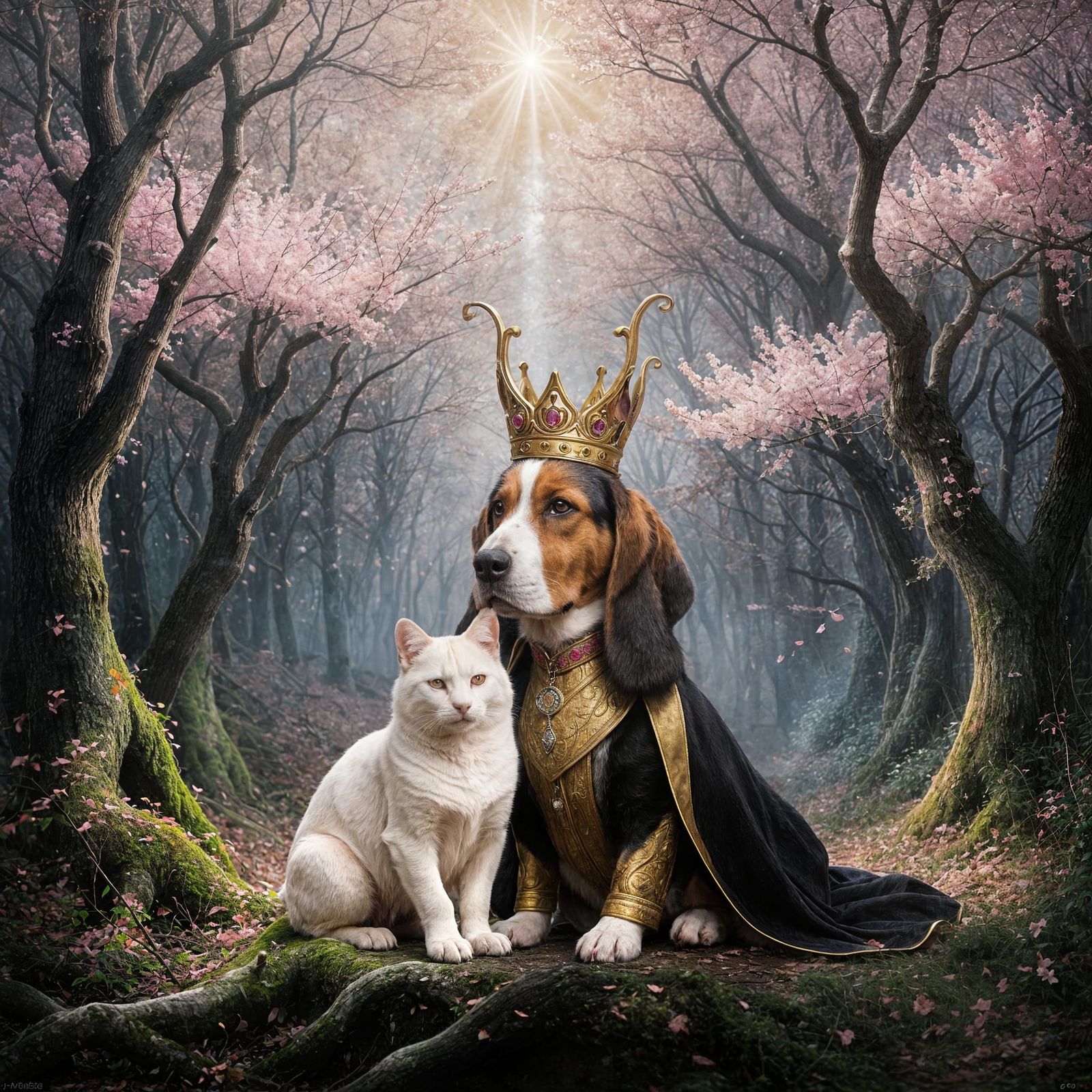Basset Hound King with Cat on Throne Amidst Cherry Blossoms