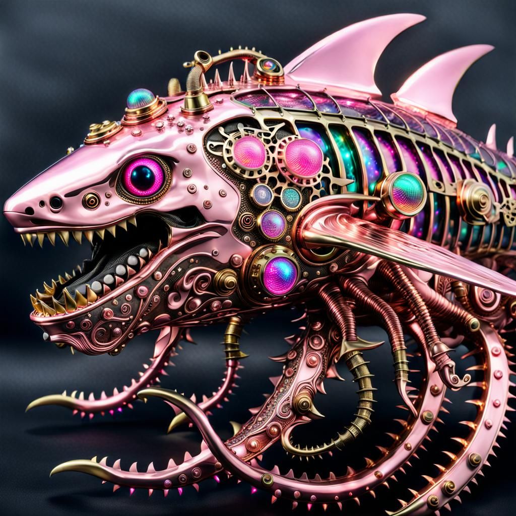Steampunk Pink Chrome Shark-Dragon with Brass Details