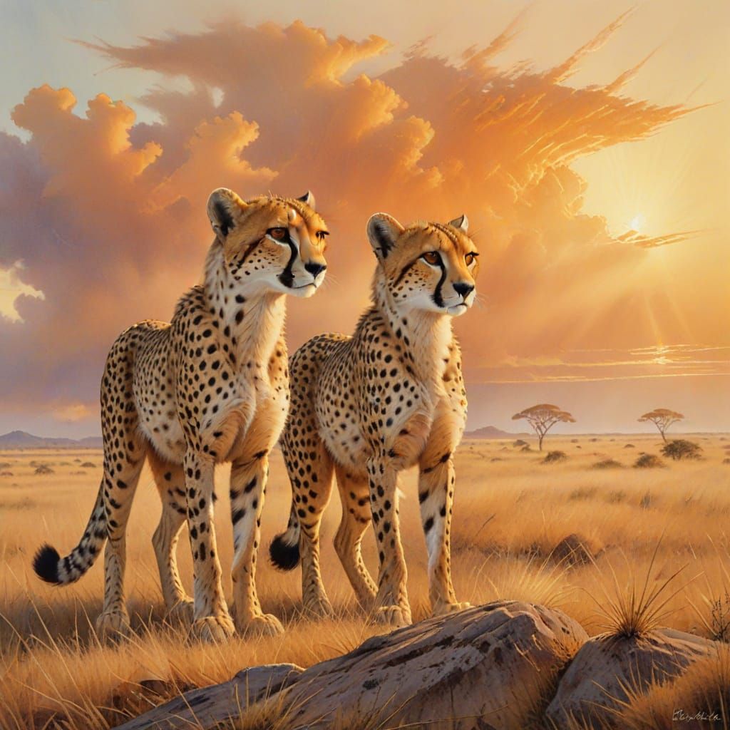 Cheetahs Hunting on the Savannah in Watercolor