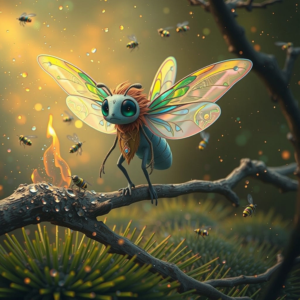 Mystical Firefly Amidst a Swirling Storm of Iridescent Firef...