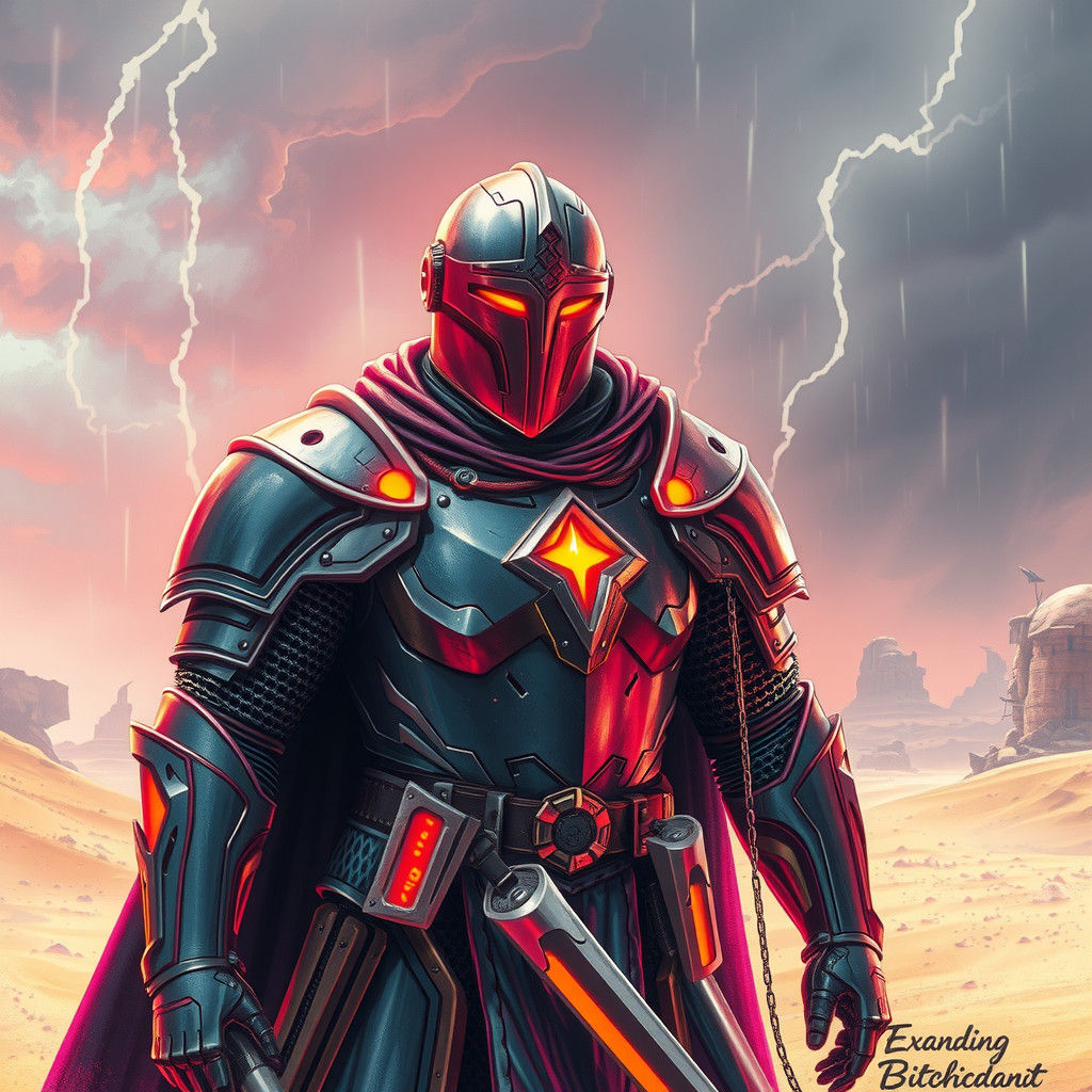 Sci-Fi Knight in Neon Armor During Desert Storm