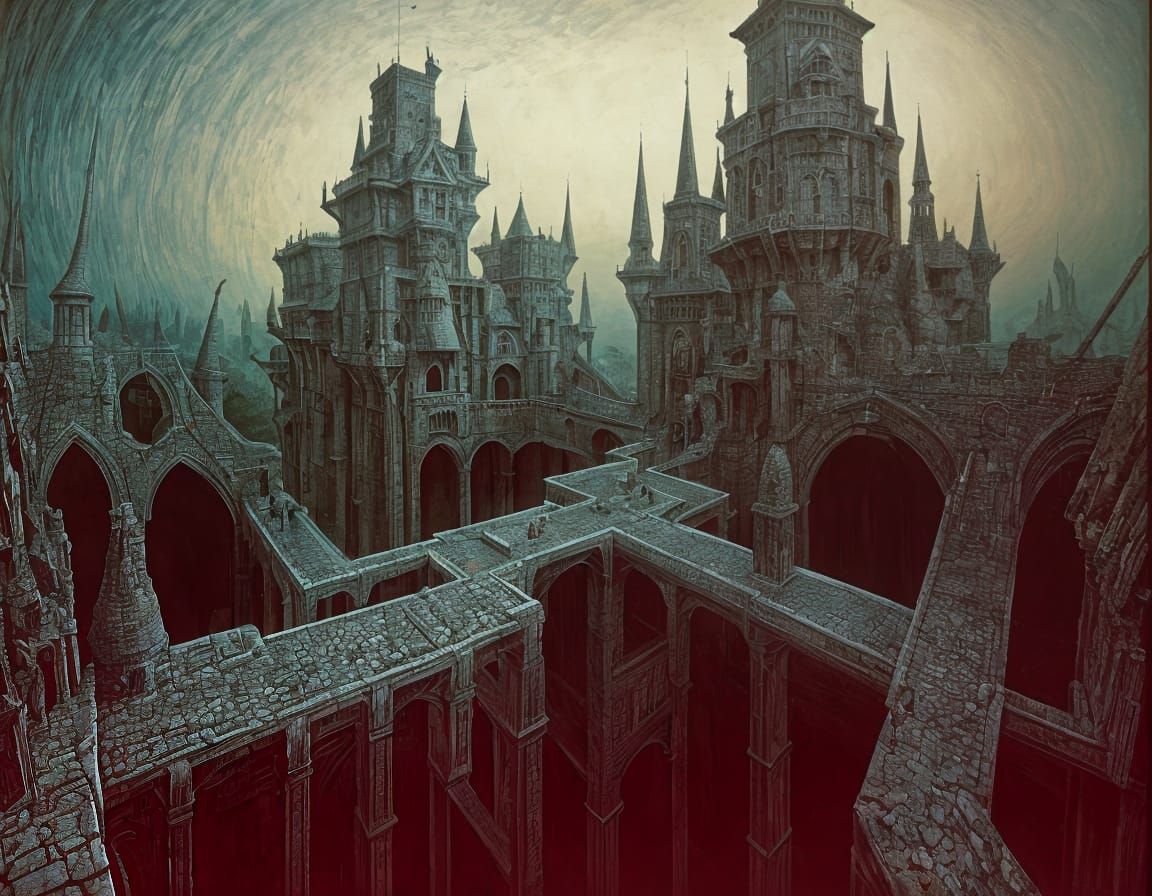 Surreal Castle with Drawbridges in Dark Style