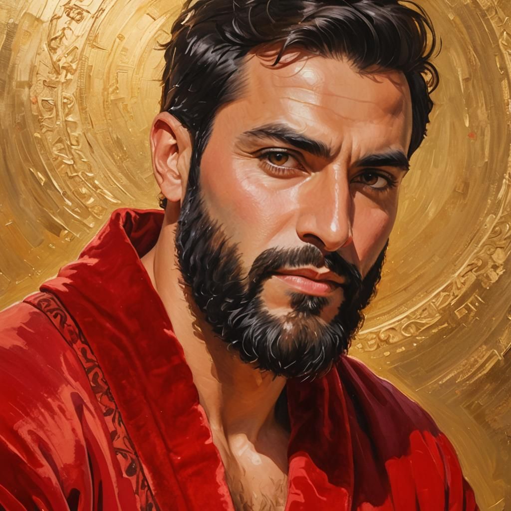 A Handsome Man in Red Velvet Robe Basks in Heavenly Sunshine