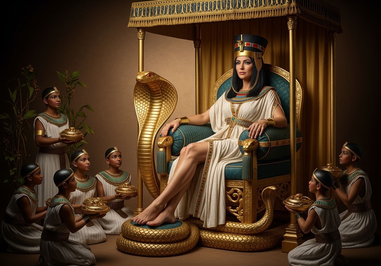 Egyptian Queen Seated on Golden Cobra Throne
