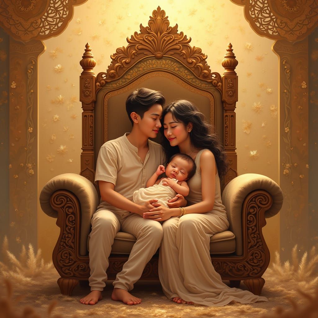 Newborn Baby in Elegant Throne Scene with Golden Background