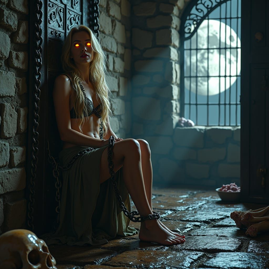 Blonde Vampire Chained in Fantasy Dungeon Tower