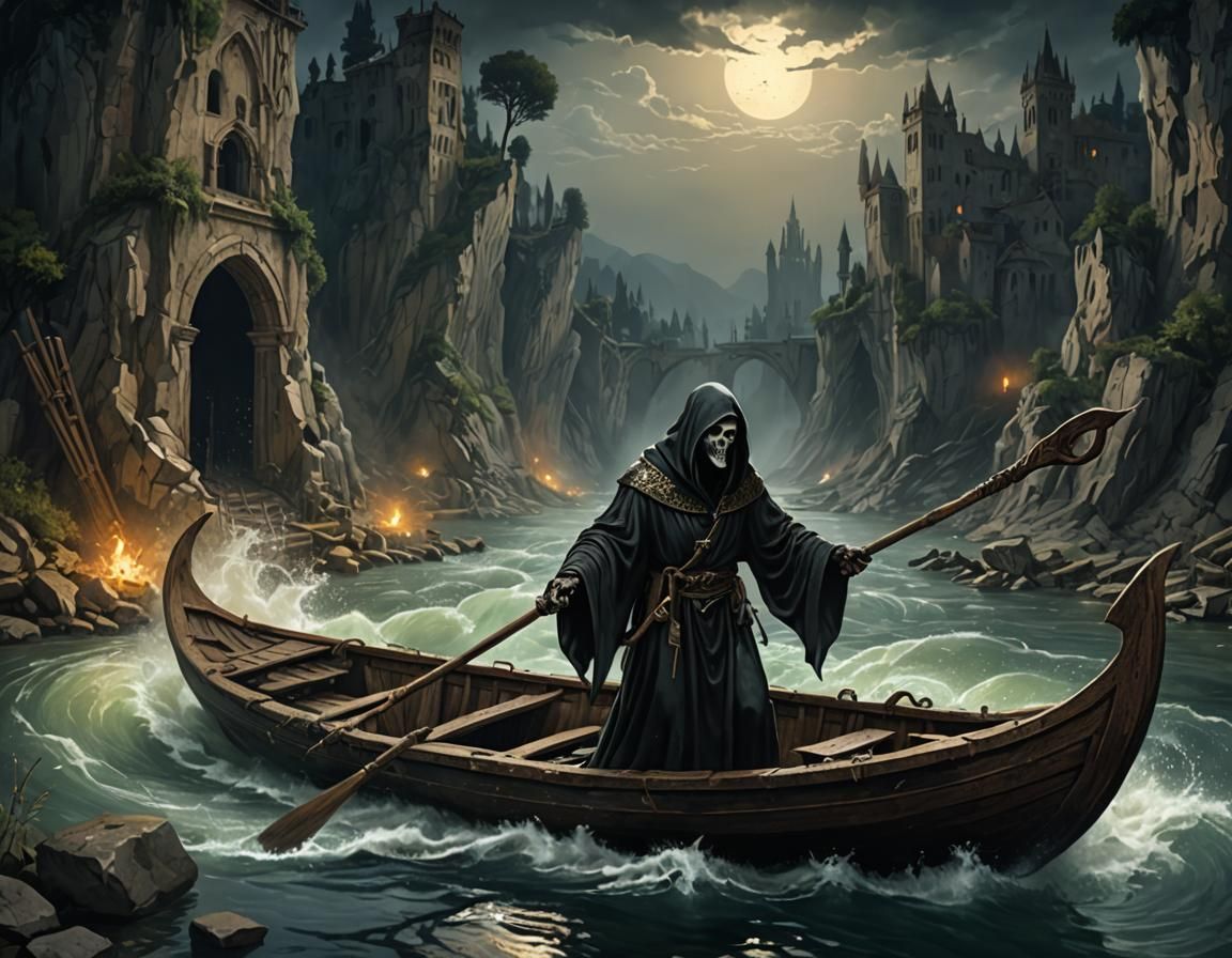 Grim Reaper on the River Styx: Watercolor Concept Art