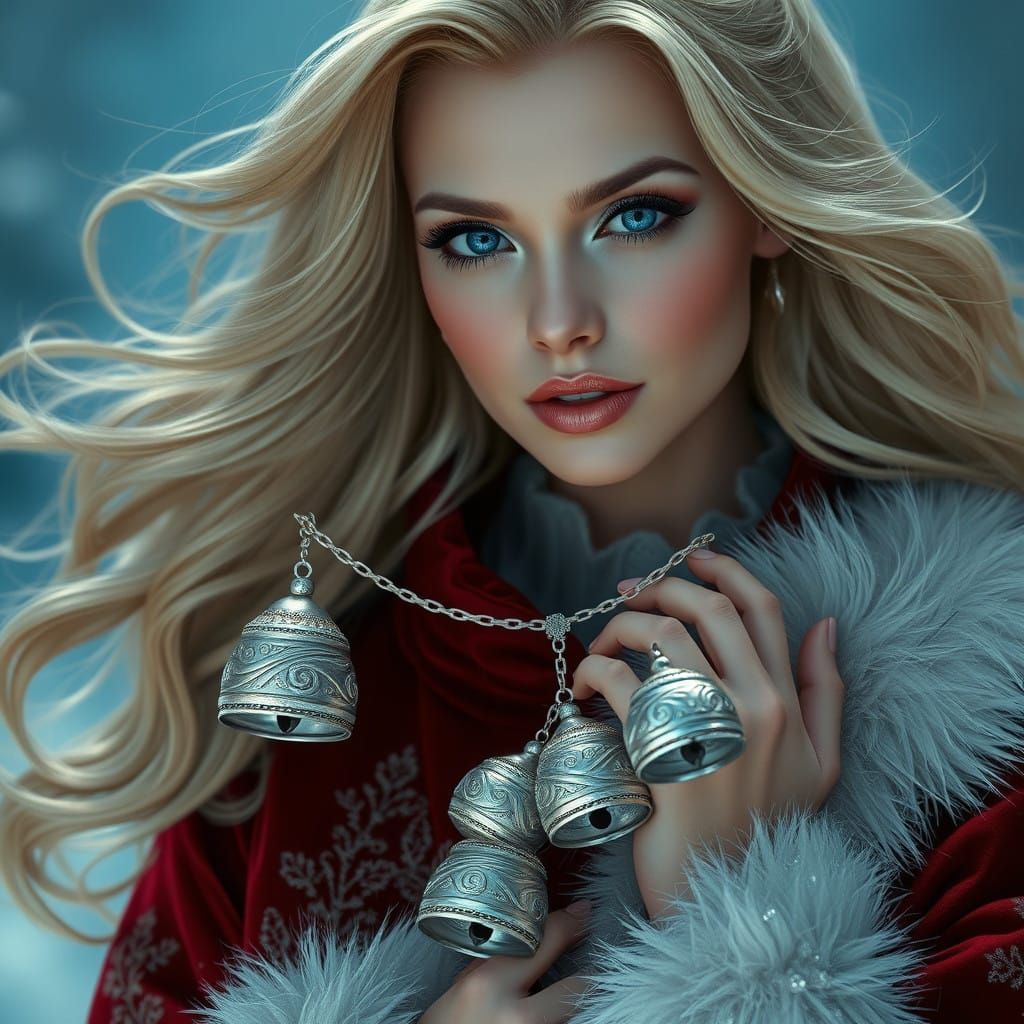 Elegant Blonde Woman Holds Shimmering Christmas Bells Agains...