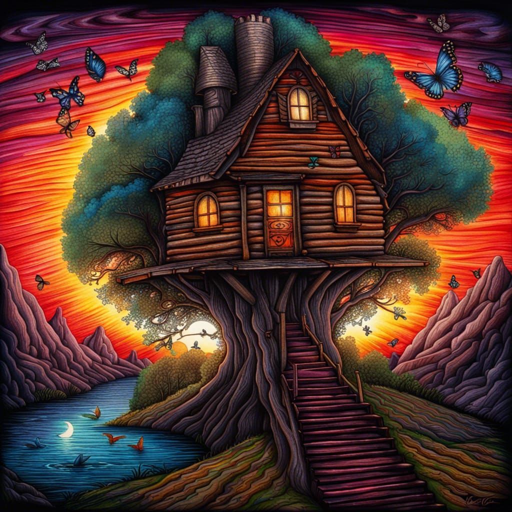 Gothic Log Cabin with Waterfall in High Fantasy Style